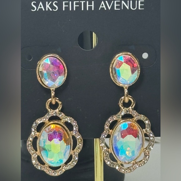 Saks Fifth Ave Gold Tone AB Crystal Post Dangle Earrings - Picture 3 of 5